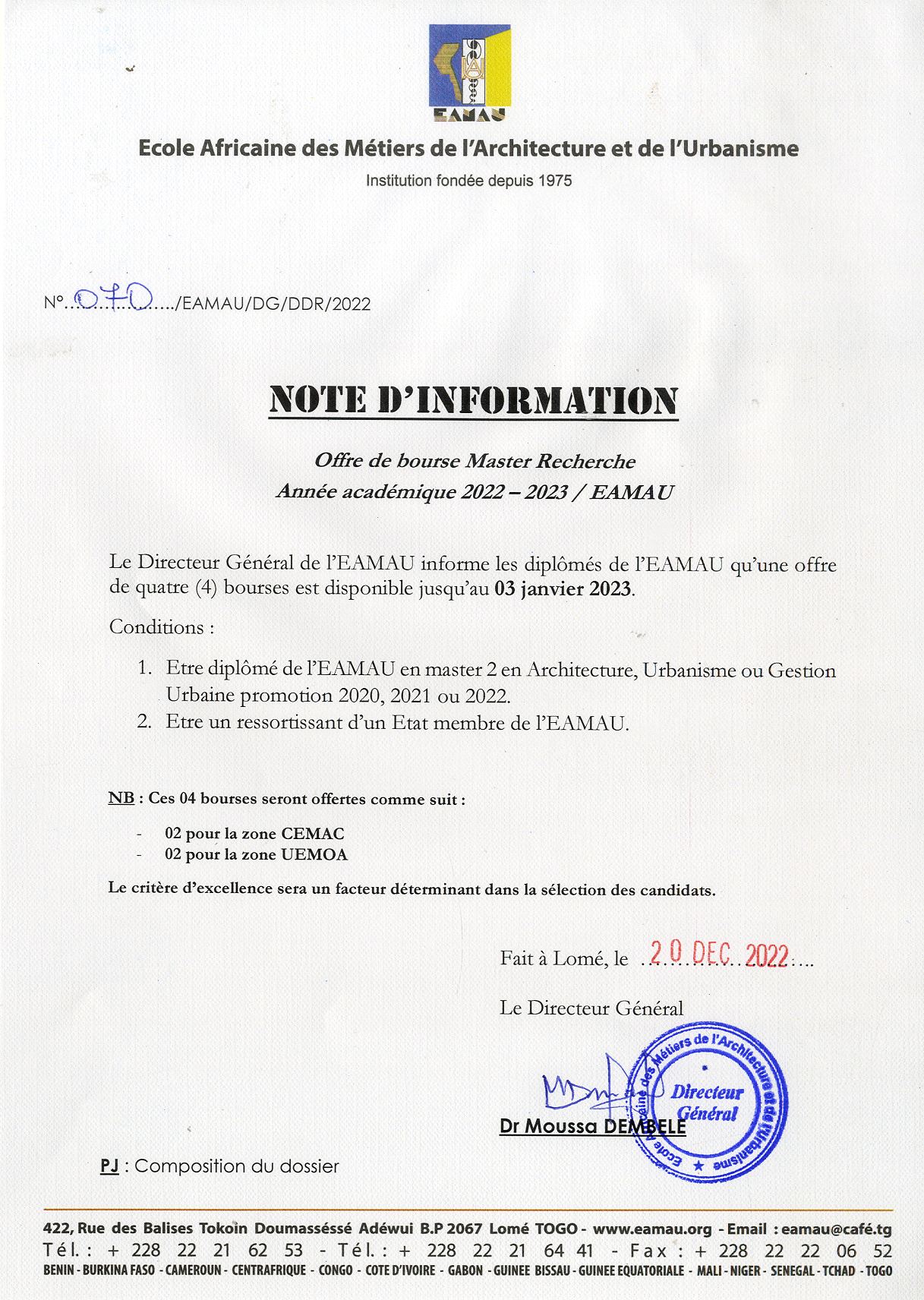 NOTE D’INFORMATION (Offre de bourses Master Recherche année académique 2022-2023)