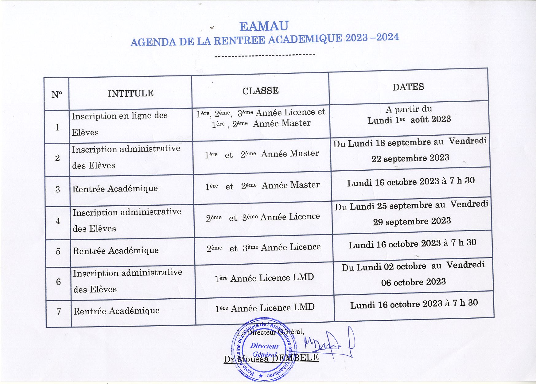 Agenda de la rentrée académique 2023-2024