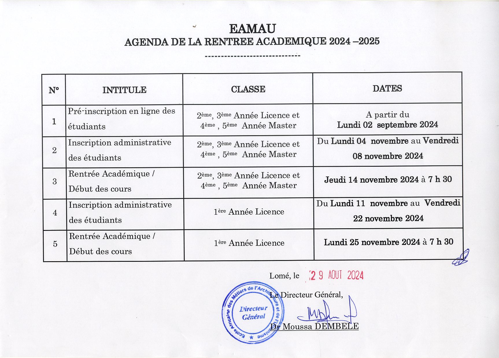 Agenda de la Rentrée Académique 2024-2025